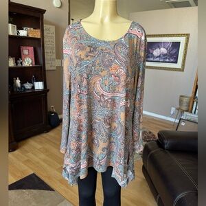 Simply Noelle brown, blue & red paisley long sleeve tunic-size XXL